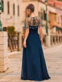 Glamorous A-Line Chiffon Beading Scoop Short Sleeves Sweep Train Prom Dress