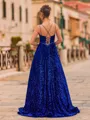 Elegant A-Line Velvet Sequins V-Neck Sequin Sleeveless Sweep Train Prom Dress