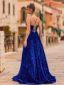 Elegant A-Line Velvet Sequins V-Neck Sequin Sleeveless Sweep Train Prom Dress