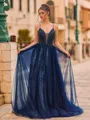 Opulent A-Line Tulle Beading V-Neck Sleeveless Sweep Train Prom Dress