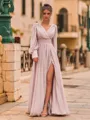 Exquisite A-Line Chiffon Ruffles V-Neck Long Sleeves Floor-Length Prom Dress