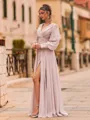 Exquisite A-Line Chiffon Ruffles V-Neck Long Sleeves Floor-Length Prom Dress