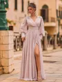 Exquisite A-Line Chiffon Ruffles V-Neck Long Sleeves Floor-Length Prom Dress