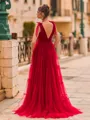 Stunning A-Line Tulle Ruffles V-Neck Sleeveless Sweep Train Prom Dress