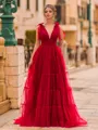 Stunning A-Line Tulle Ruffles V-Neck Sleeveless Sweep Train Prom Dress