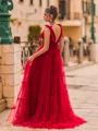 Stunning A-Line Tulle Ruffles V-Neck Sleeveless Sweep Train Prom Dress