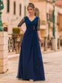Splendid A-Line Chiffon Pleated V-Neck 1/2 Sleeves Floor-Length Prom Dress
