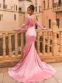 Grand Sheath Silk Like Satin Pleated V-Neck Long Sleeves Sweep Train Prom Dress