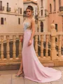 Breathtaking Sheath Stretch Crepe Beading Scoop Sleeveless Sweep Train Prom Dress