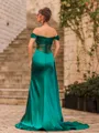 Magnificent Sheath Silk Like Satin Pleated Off-The-Shoulder Short Sleeves Sweep Train Prom Dress