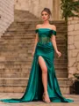 Magnificent Sheath Silk Like Satin Pleated Off-The-Shoulder Short Sleeves Sweep Train Prom Dress