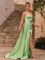 Splendiferous Sheath Silk Like Satin Pleated Straps Sleeveless Sweep Train Prom Dress