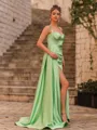 Splendiferous Sheath Silk Like Satin Pleated Straps Sleeveless Sweep Train Prom Dress