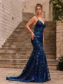 Fashion-forward Mermaid Lace V-Neck Sleeveless Sweep Train Prom Dress
