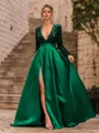 Unique A-Line Velvet Sequins Bowknot V-Neck Long Sleeves Sweep Train Prom Dress