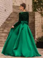 Unique A-Line Velvet Sequins Bowknot V-Neck Long Sleeves Sweep Train Prom Dress