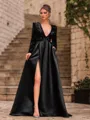 Unique A-Line Velvet Sequins Bowknot V-Neck Long Sleeves Sweep Train Prom Dress