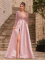Unique A-Line Velvet Sequins Bowknot V-Neck Long Sleeves Sweep Train Prom Dress