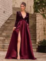 Unique A-Line Velvet Sequins Bowknot V-Neck Long Sleeves Sweep Train Prom Dress
