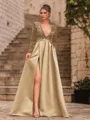 Unique A-Line Velvet Sequins Bowknot V-Neck Long Sleeves Sweep Train Prom Dress