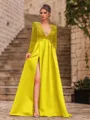 Unique A-Line Velvet Sequins Bowknot V-Neck Long Sleeves Sweep Train Prom Dress