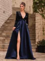 Unique A-Line Velvet Sequins Bowknot V-Neck Long Sleeves Sweep Train Prom Dress