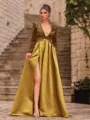 Unique A-Line Velvet Sequins Bowknot V-Neck Long Sleeves Sweep Train Prom Dress
