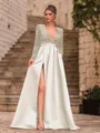 Unique A-Line Velvet Sequins Bowknot V-Neck Long Sleeves Sweep Train Prom Dress