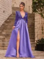 Unique A-Line Velvet Sequins Bowknot V-Neck Long Sleeves Sweep Train Prom Dress
