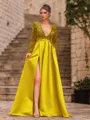 Unique A-Line Velvet Sequins Bowknot V-Neck Long Sleeves Sweep Train Prom Dress