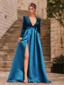 Unique A-Line Velvet Sequins Bowknot V-Neck Long Sleeves Sweep Train Prom Dress