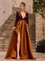 Unique A-Line Velvet Sequins Bowknot V-Neck Long Sleeves Sweep Train Prom Dress