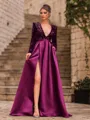 Unique A-Line Velvet Sequins Bowknot V-Neck Long Sleeves Sweep Train Prom Dress