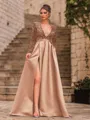 Unique A-Line Velvet Sequins Bowknot V-Neck Long Sleeves Sweep Train Prom Dress
