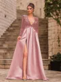 Unique A-Line Velvet Sequins Bowknot V-Neck Long Sleeves Sweep Train Prom Dress