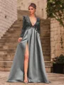 Unique A-Line Velvet Sequins Bowknot V-Neck Long Sleeves Sweep Train Prom Dress