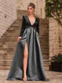 Unique A-Line Velvet Sequins Bowknot V-Neck Long Sleeves Sweep Train Prom Dress