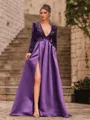 Unique A-Line Velvet Sequins Bowknot V-Neck Long Sleeves Sweep Train Prom Dress