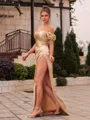 Exquisite Sheath Silk Like Satin Pleated Off-The-Shoulder Short Sleeves Floor-Length Prom Dress