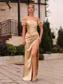 Exquisite Sheath Silk Like Satin Pleated Off-The-Shoulder Short Sleeves Floor-Length Prom Dress