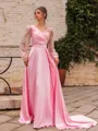 Splendid A-Line Silk Like Satin Pleated V-Neck Long Sleeves Sweep Train Prom Dress