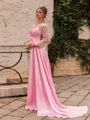 Splendid A-Line Silk Like Satin Pleated V-Neck Long Sleeves Sweep Train Prom Dress