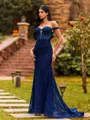 Body-Contouring Sheath Off-the-Shoulder Appliques Lace Sweep Train Lace Corset Prom Dress