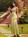 Minimalist Sheath Straps Rhinestone Sweep Train Corset Prom Dress