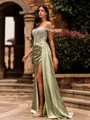 Tight Sheath Off-the-Shoulder Appliques Lace Sweep Train Silk Like Satin Corset Prom Dress