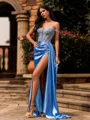 Sensual Sheath Off-the-Shoulder Appliques Lace Sweep Train Silk Like Satin Corset Prom Dress