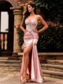 Fashion Sheath V-neck Rhinestone Sweep Train Silk Like Satin Corset Prom Dress
