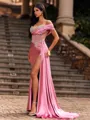Graceful Sheath One-Shoulder Rhinestone Sweep Train Corset Prom Dress