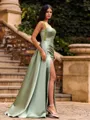 Attention-Grabbing Sheath Square Pleated Sweep Train Satin Corset Prom Dress