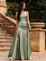 Attention-Grabbing Sheath Square Pleated Sweep Train Satin Corset Prom Dress
